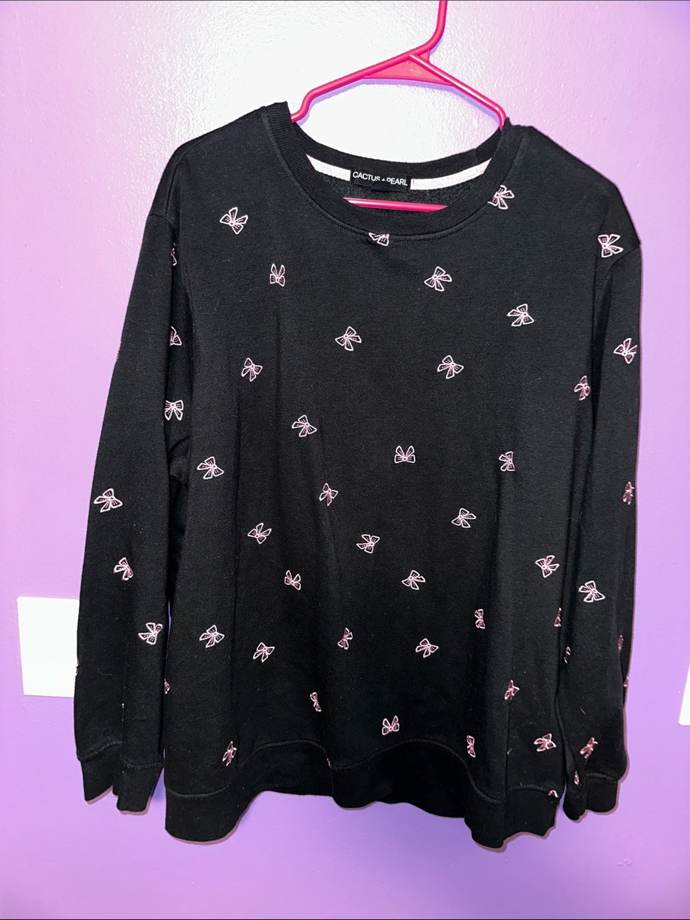 Black Sweatshirt with Pink Bow Embroidery - Cactus + Pearl